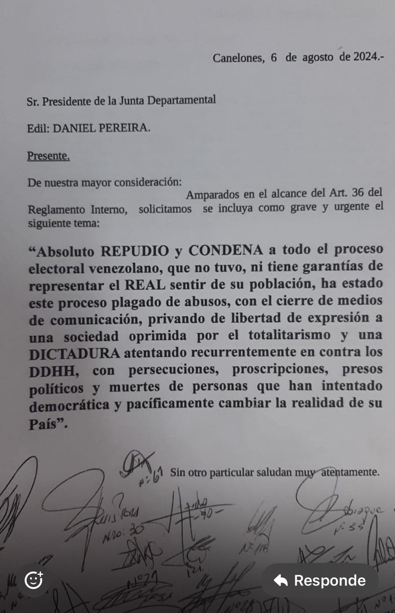 RichardPerezOr1's tweet photo. Anoche solicitamos en la Junta Dtal de Canelones el total REPUDIO Y CONDENA al proceso electoral Venezolano el cual no tuvo el real sentir de la población de dicho país, lamentablemente el FA no nos acompañó en dicha propuesta. Algún día los uruguayos podrán pensar por sí solos? https://t.co/QIoeUqHQKd