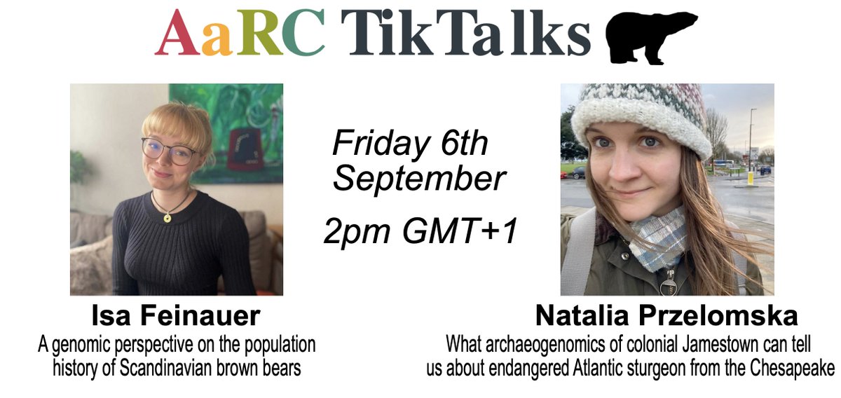 The speakers of our next #AaRCTikTalks are here! And this time, we have bears not only in the title! @IsaFeinauer will show her results on Scandinavian brown bear populaitons, while  Natalia Przelomska will delve into the past of the endangered sturgeon from the Chesapeak.