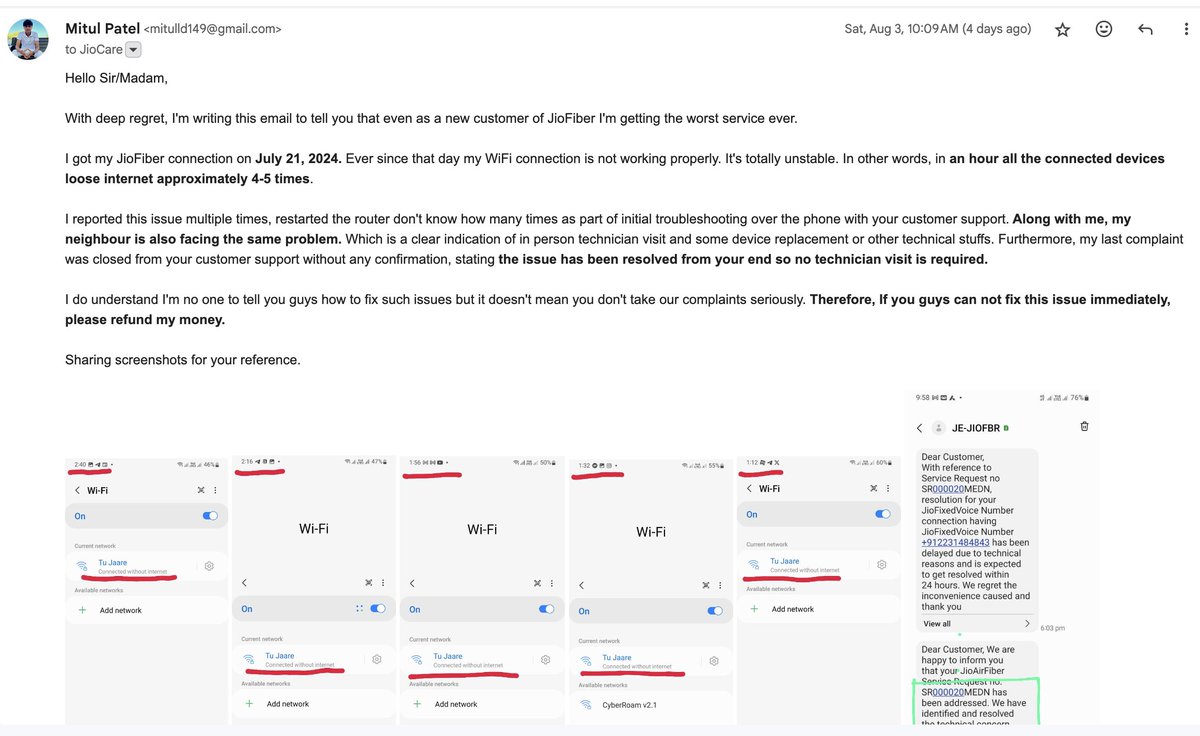 A9HORA's tweet photo. JioFiber @JioCare @reliancejio 
*Subscribed 4 plan. Unstable since the subscription date 21/7/24
*Customer support? many calls, no fix
*Sent an email with evidences, no response
*A complaint got close without sending an engineer
*No refund/fix
*RMN: 9409354196 https://t.co/qzEmHtPiyi