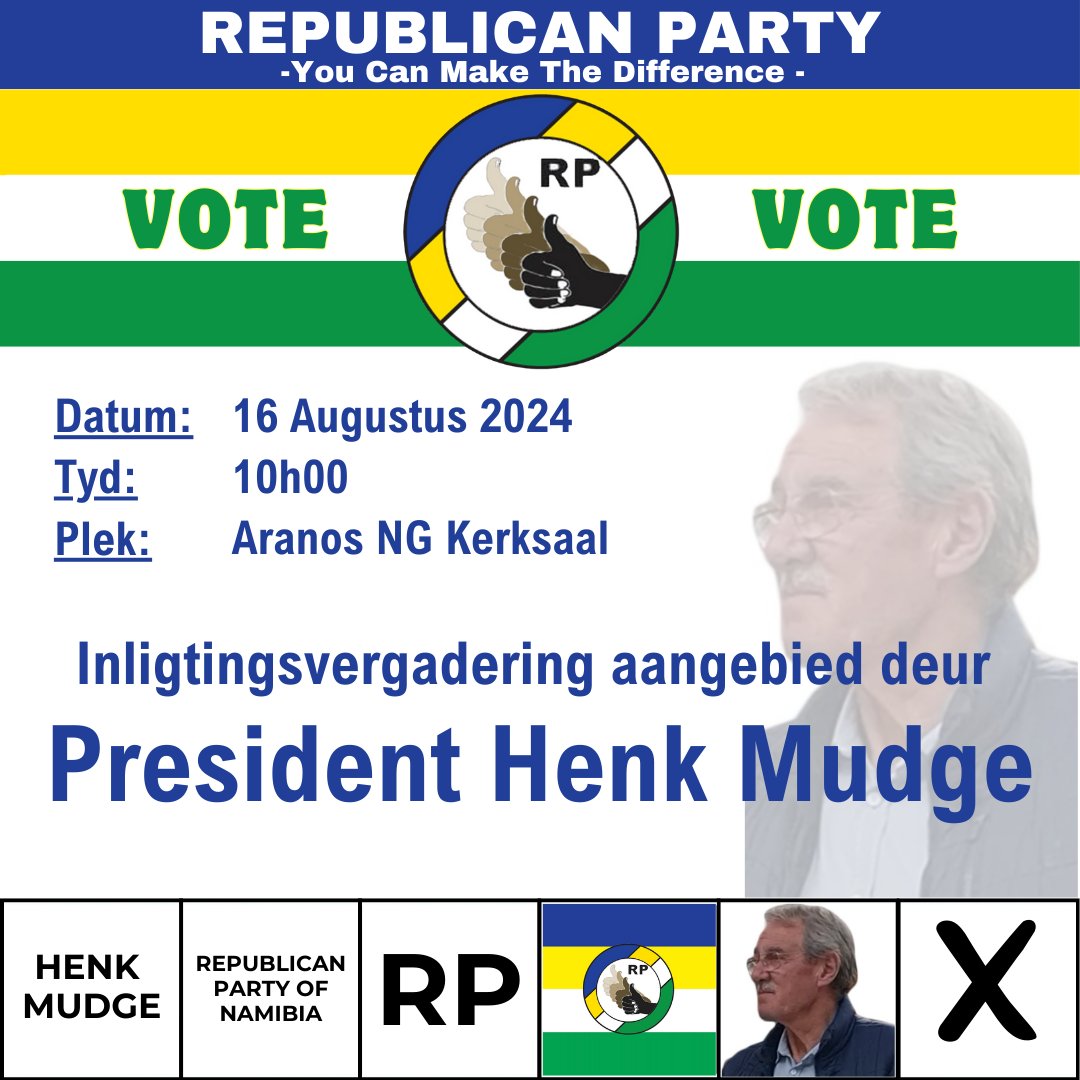 Attention fellow Namibians! Join us for an important information meeting with RP President Henk Mudge. This is a fantastic opportunity to hear directly from our leader and get answers to any questions you might have. #RepublicanParty #SupportRP #Election2024 #GetInvolved #voterp
