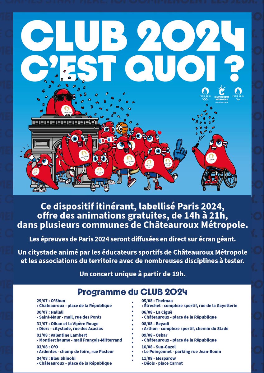 Chateauroux36's tweet photo. [🔵🟡⚫️🟢🔴 #Club2024] Le Club 2024 vous donne rendez-vous dès demain à #Arthon ! À partir de 14h, venez assister à la retransmission des épreuves des Jeux Olympiques de @Paris2024 sur écran géant et participer à de nombreuses animations sportives. #Concert de #Beyadi, de 19h à 21h.
📅 Jeudi 8 août à partir de 14h.
📍 Arthon - complexe sportif, chemin du Stade.
🏀 Animations à partir de 14h.
🎶 Concert à partir de 19h avec Beyadi.
🎟️ Accès #ratuit.