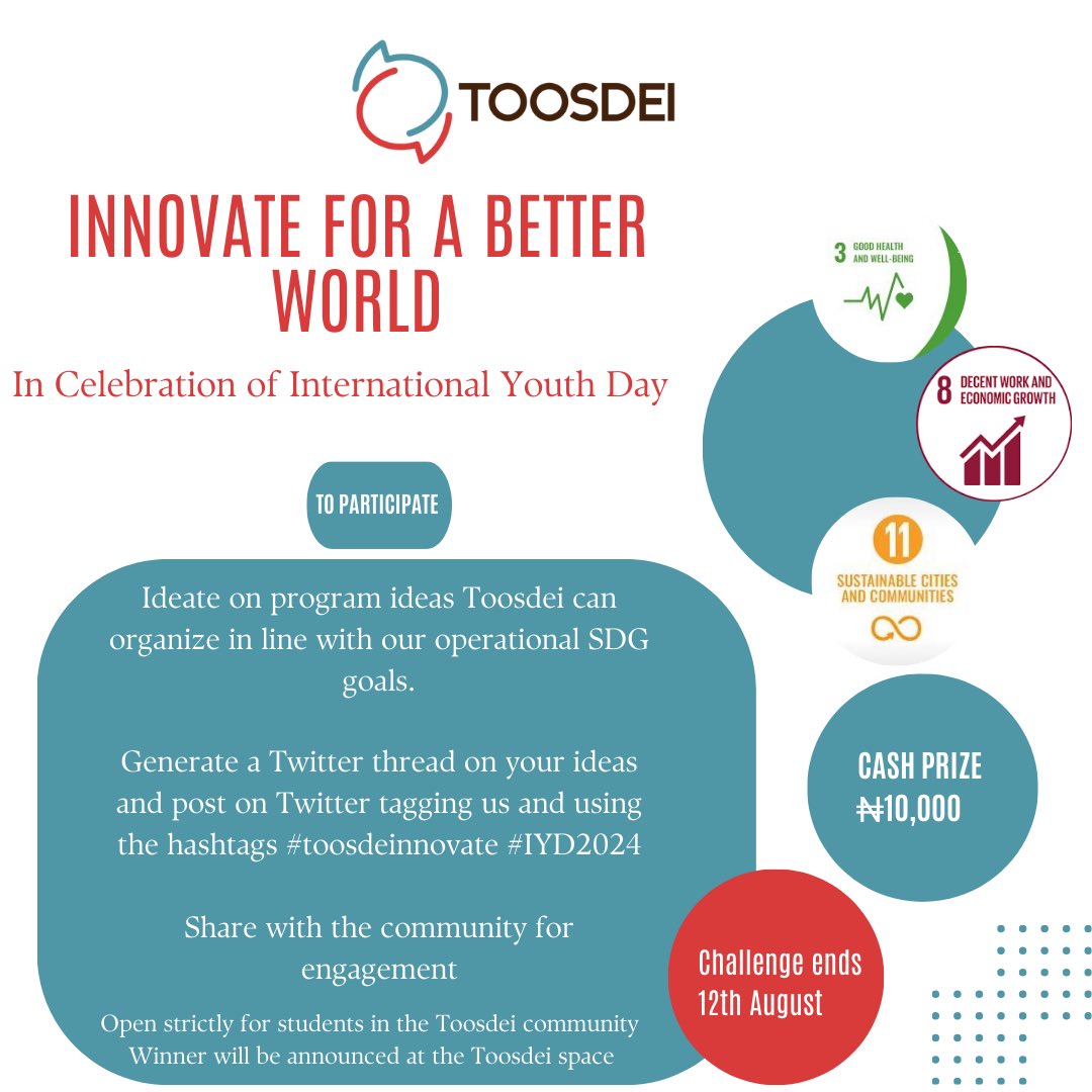 Toosdei_space's tweet photo. 🌟 Toosdei Community Challenge 🌟

Join our #ToosdeiInnovate2024 Challenge! 🎉

How to Participate :
1️⃣ Brainstorm program ideas for Toosdei aligned with SDGs 3, 8, and 11.
2️⃣ Post your ideas on Twitter in a thread using #ToosdeiInnovate and #IYD2024.
3️⃣ Share for engagement! https://t.co/5ahZ8Vh04S