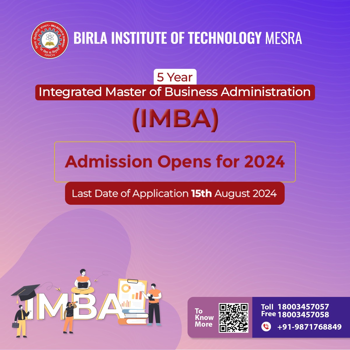 BITMesra_Ranchi's tweet photo. Admission Opens for the 5-Year #IntegratedMBA (IMBA). 3 years will be at Lalpur Campus &amp; final 2 years will be at Mesra Campus. Exit option is after the 3rd year with BBA degree. The last date for application 15 August, 2024. Know more https://t.co/ZnchJQY7UL 
 #AICTEApproved https://t.co/JxRLoawwBt