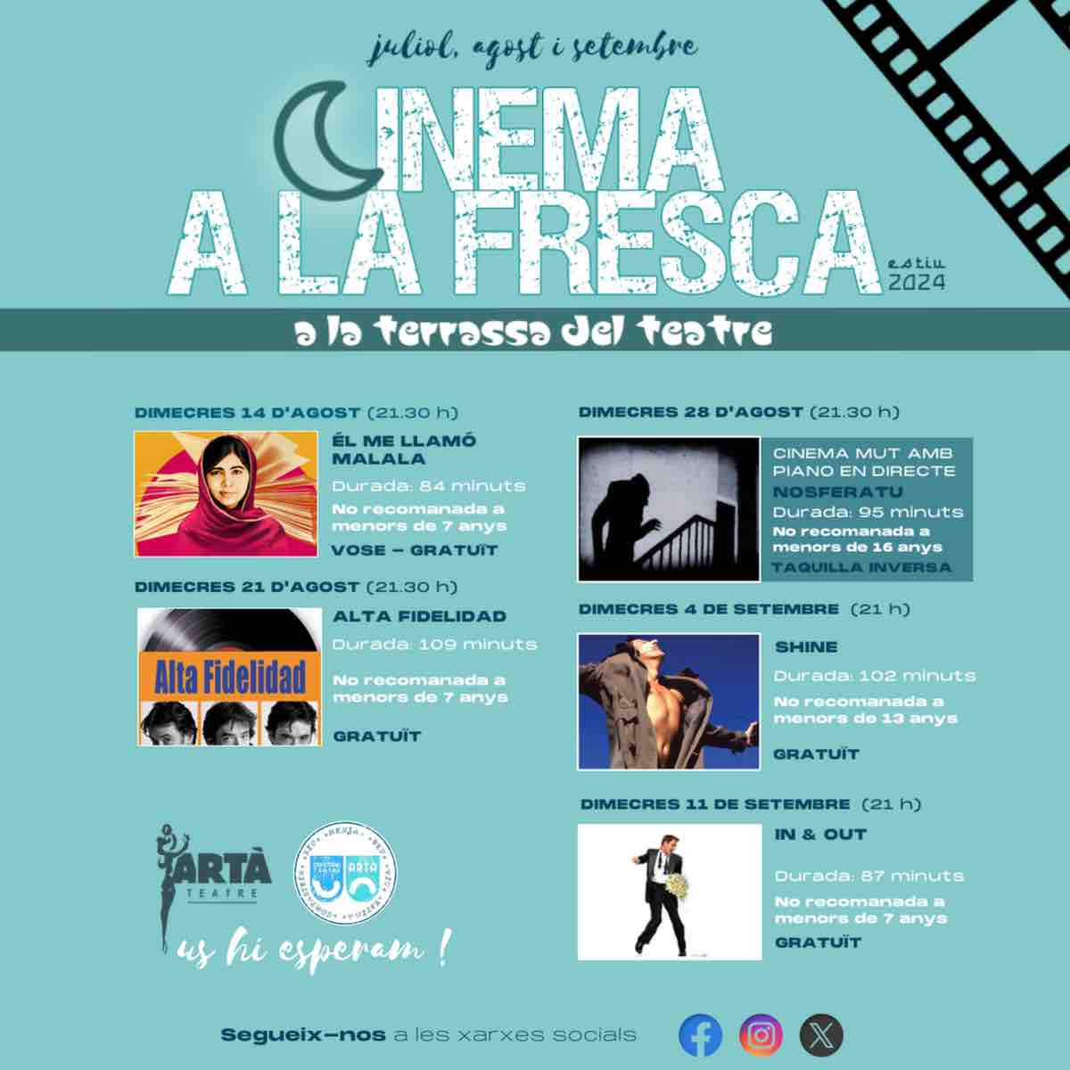 🎬 Ens agrada el cinema i ens agrada l'estiu🌙
Quan ajuntam aquests dos factors el resultat és que poguem gaudir i aprofitar la programació de projeccions previstes per a les pròximes setmanes dins del cicle de #cinemaalafresca d'enguany. 
📍 On? A la terrassa del Teatre. 👇