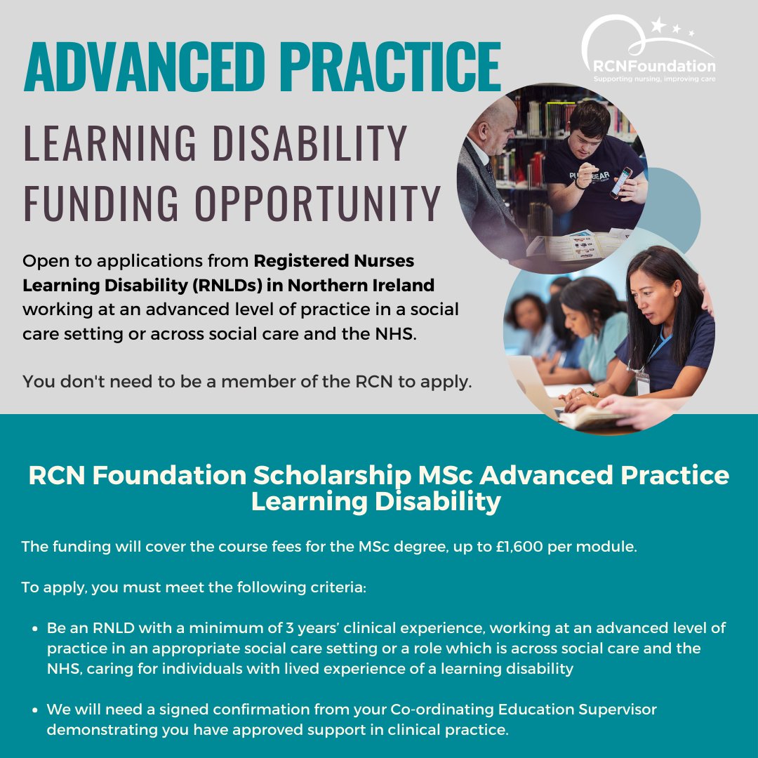 We have funding available for an MSc Advanced Practice, Learning Disability Scholarship for...

✔️ Registered Nurses Learning Disability (RNLDs)
✔️ That are working in Northern Ireland
📅 Deadline 30 August

Learn more about the role and apply 👇
bit.ly/4ay5rxW

#RNLD h