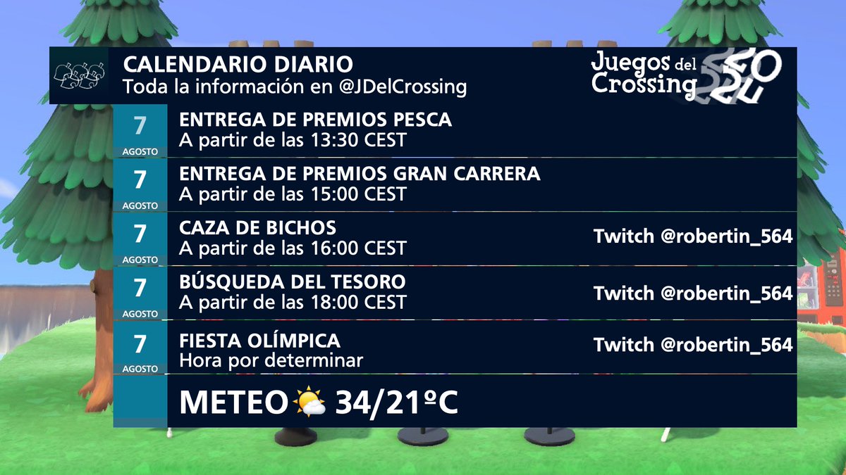 ¡Buenos días!
¿Con ganas de Juegos del Crossing?
Hoy tenemos dos juegos más! Aquí os dejamos el calendario del hoy: