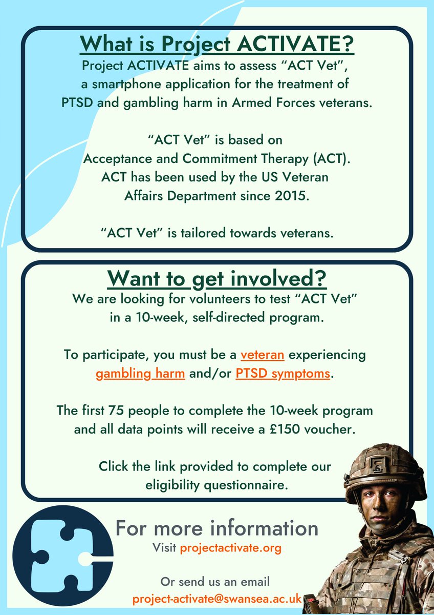 p_ACTIVATE's tweet photo. 📢Are you an Armed Forces veteran and think you can benefit from our research? We are now recruiting for military veterans experiencing gambling harm and/or PTSD. Complete this questionnaire and we'll let you know if you're eligible:👉 https://t.co/vvQgmzFrQz https://t.co/cB41Y3Thya