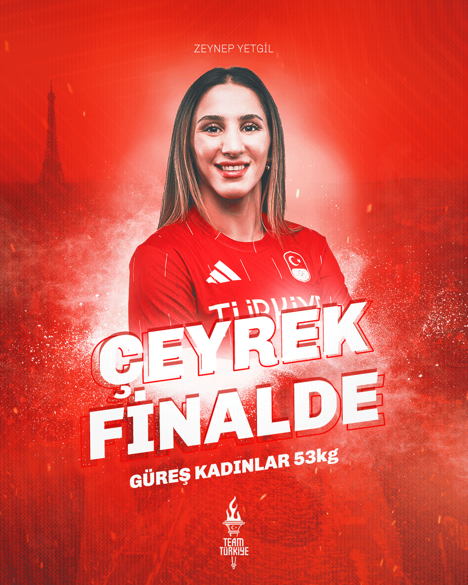 TeamTurkiye's tweet photo. #Paris2024 Olimpiyat Oyunları'nda milli güreşçimiz Zeynep Yetgil, kadınlar 53kg son 16 turunda Hindistan'dan Antim Panghal'ı 10-0 teknik üstünlükle yenerek çeyrek finale yükseldi.🤼‍♀️

🇹🇷Sporcumuz, ilerleyen dakikalarda çeyrek finalde Almanya'dan Annika Wendle ile karşılaşacak. https://t.co/eVoTjpKIz3