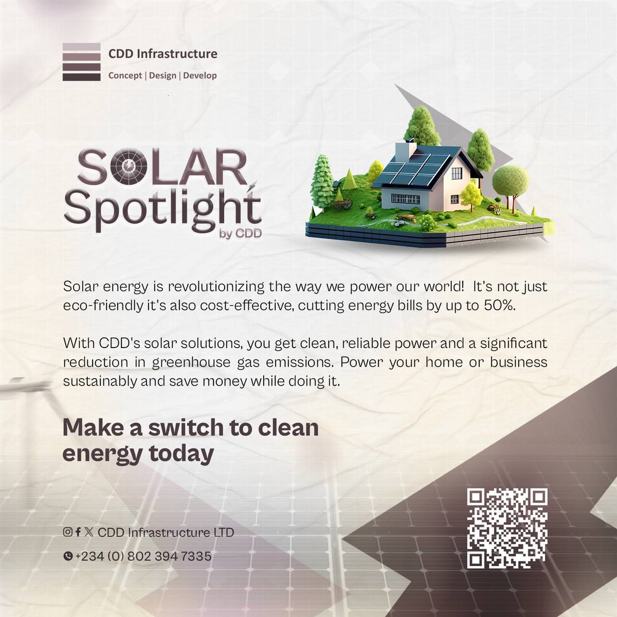 CDD_Nigeria's tweet photo. Brighten Your Future with Solar Energy. 🌞

Switch to CDD's solar solutions for cost-effective, clean energy and cut your bills by up to 50%. Embrace sustainability and save money today. 🌿

#SolarEnergy #CleanEnergy #SustainableLiving #CDDInfrastructure https://t.co/l0RtmCFATZ