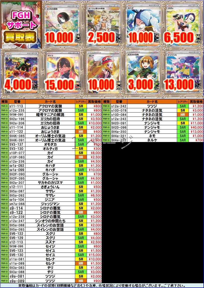 akbkaitori_labo's tweet photo. 【#ポケカ 買取情報】
サポートSR以上の買取更新しました🔥

エリカの招待 SAR ￥10,000
キハダ SAR ￥10,000
スグリ SAR ￥4,000
ゼイユ SAR ￥15,000
ベルのまごころ SAR ￥5,500

などなど‼️
お持ち込みはラジオ会館1F買取センターまで✨️ https://t.co/tl27eJsa2j