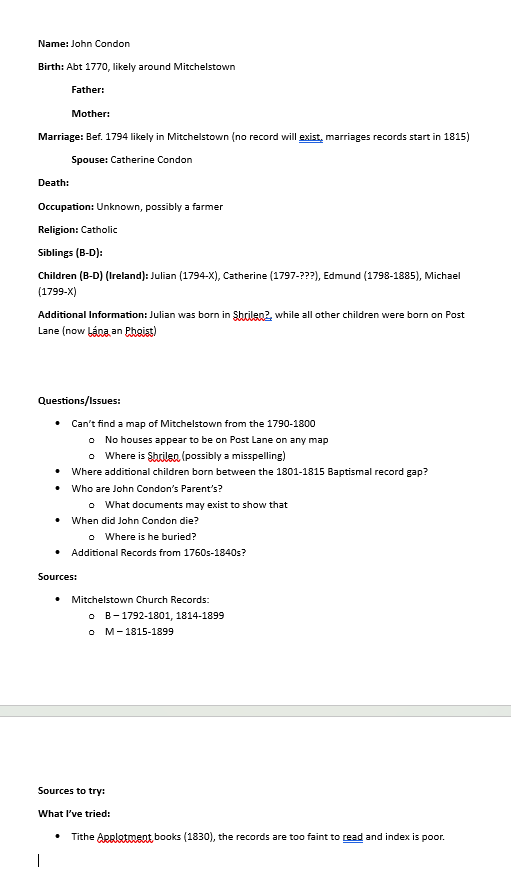 Currently I'm working on "Ancestor sheets" that I can use while I'm researching in Dublin. Now realizing how this could be a useful tool to record my research. (I have never liked research logs)