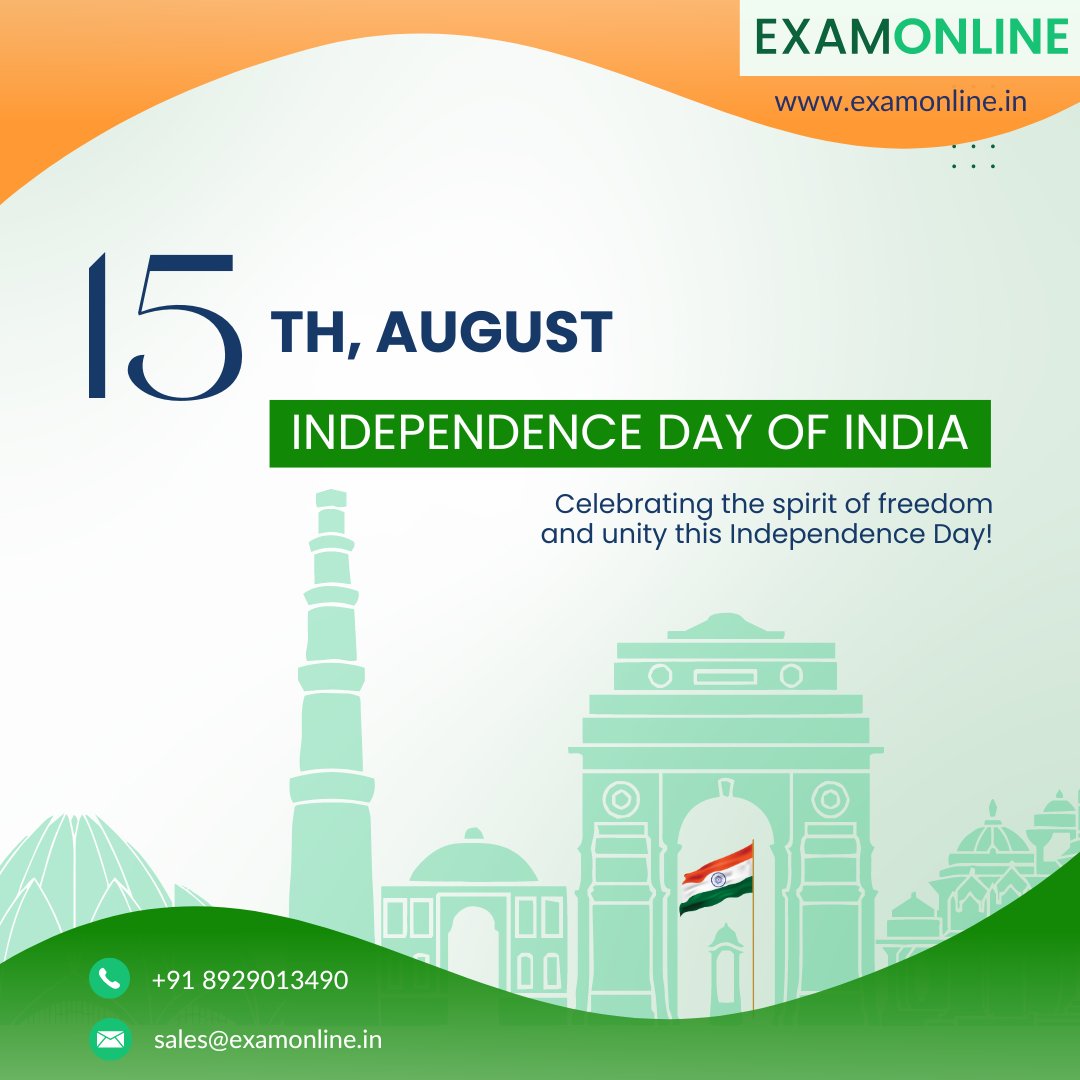 Proud to be an Indian! 🇮🇳Happy Independence Day 2024! Let's honor our freedom fighters and celebrate our nation's glory. #IndependenceDay #IndiaAt77 #JaiHind #ExamOnline
