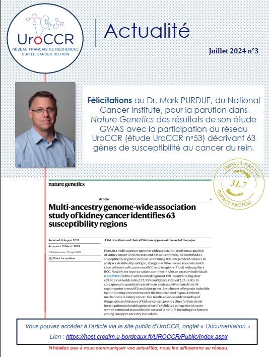 📢 Nouvelle Actualité! 

Félicitations au Dr Mark Purdue du National Cancer Institute (NCI) pour la parution dans Nature Genetics.(UroCCR n°53)👏
▶️Retrouvez l'intégralité de l'article sur le site d'UroCCR :uroccr.fr

#kidneycancer #urology #research #genes #cancer