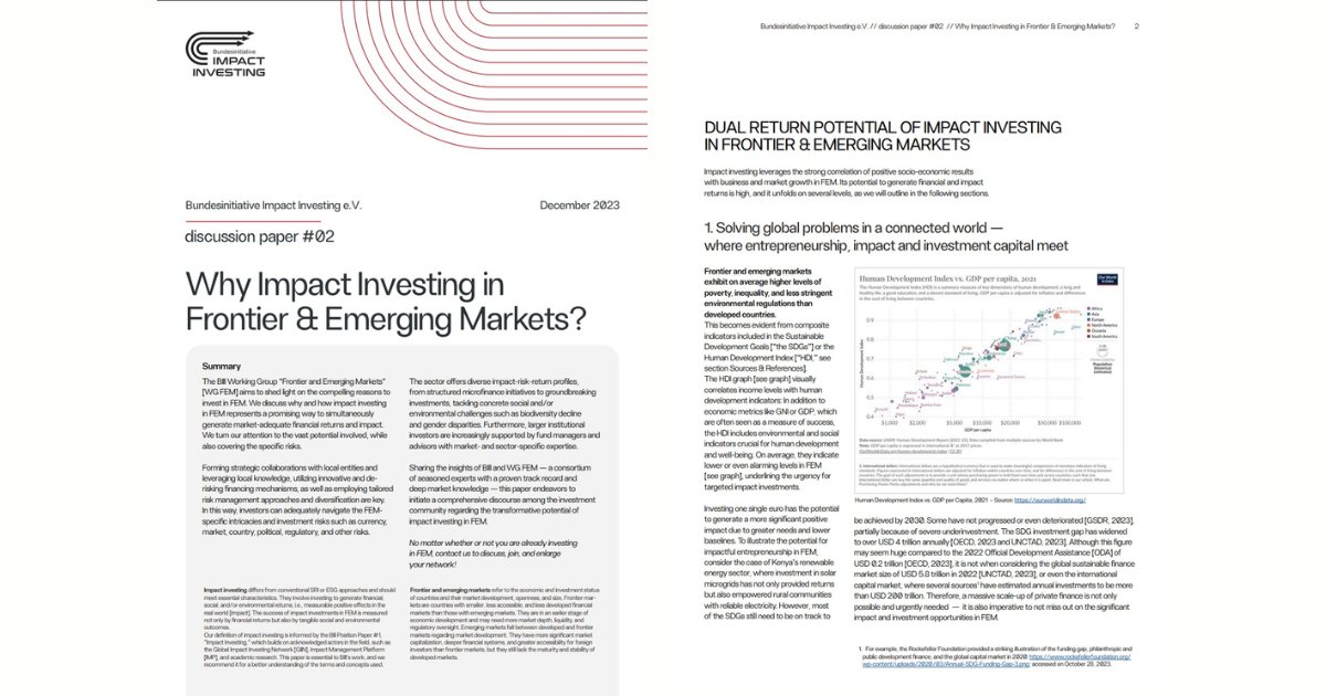 How can #impactinvestors get involved in Frontier &amp; #EmergingMarkets?👀 Bundesinitiative Impact Investing, our German National Partner started the 'Frontier &amp; Emerging Markets' working group to improve understanding &amp; analysis of #impactinvesting in underserved markets. (1/2) 👇