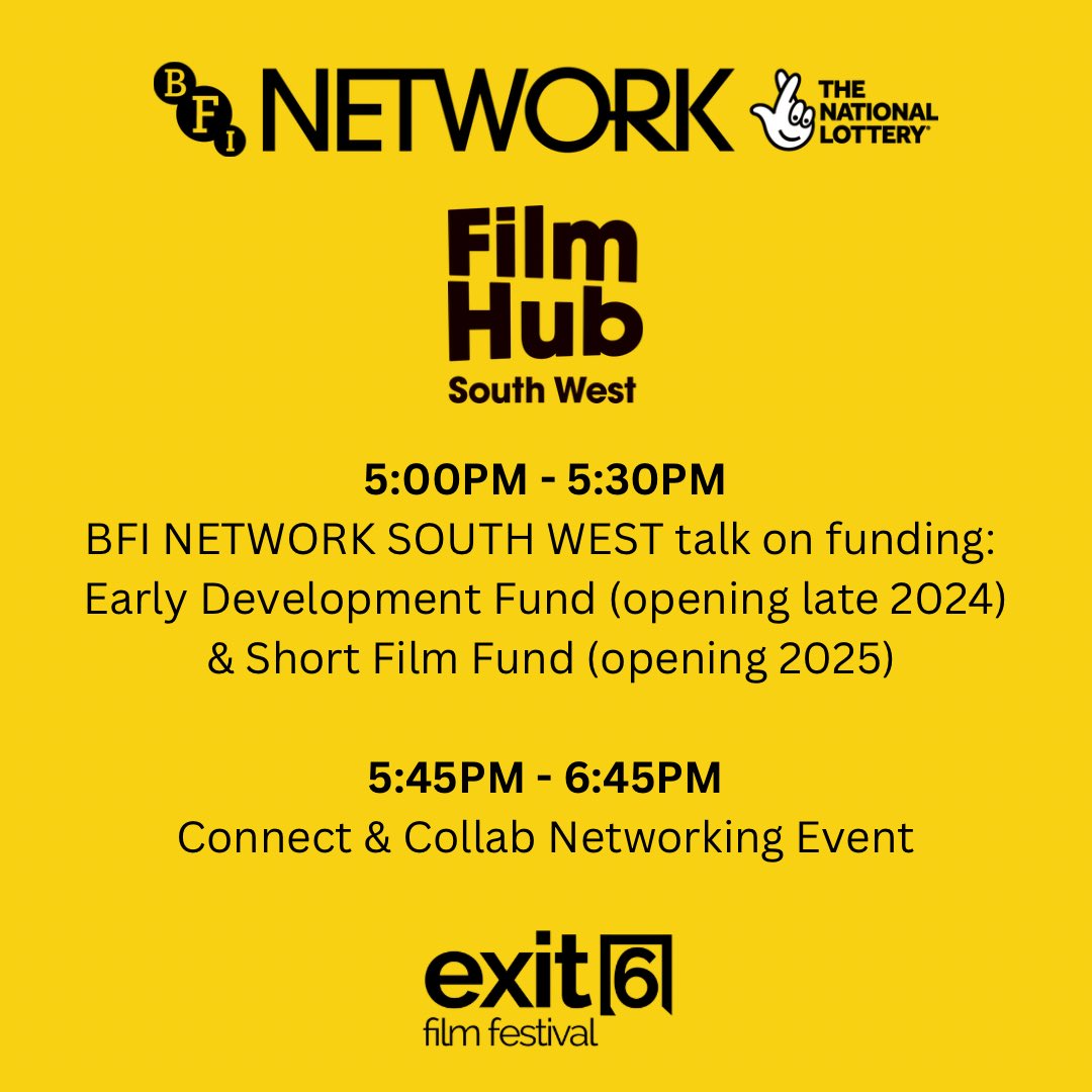 Exit6FilmFest's tweet photo. INDUSTRY GUESTS! 🎬 We’re delighted the team from @networkfhsw will join us at #exit624 to chat about their upcoming funding opportunities and host a networking session for filmmakers. 💛 https://t.co/vlsZKgz1aO