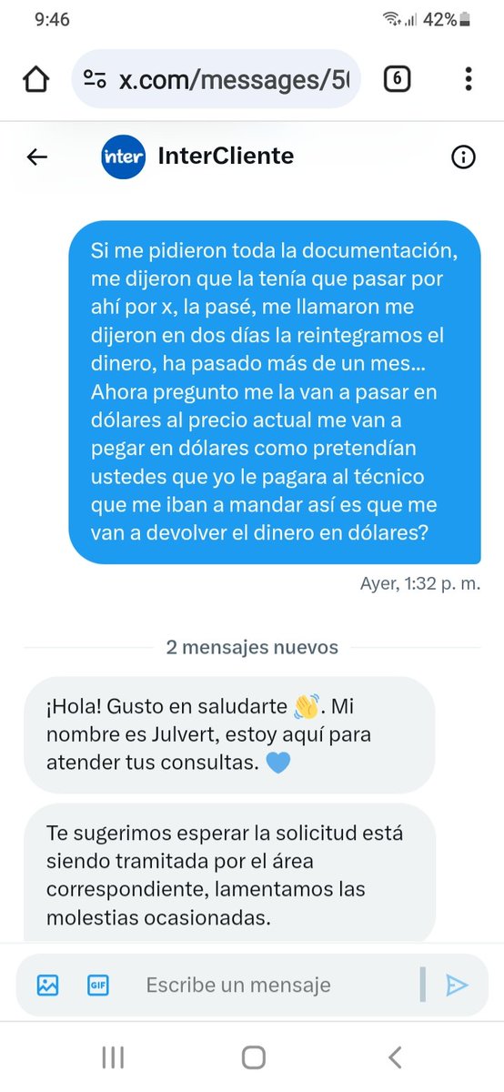 Patrici28704784's tweet photo. @tabata8_1 @InterCliente @TuMundoInter Yo llevo más de un mes esperando el reintegro de un débito en mi cuenta de manera ilegal ya que eliminé el pésimo servicio de @TuMundoInter @inter https://t.co/Q6PEJE3m6X