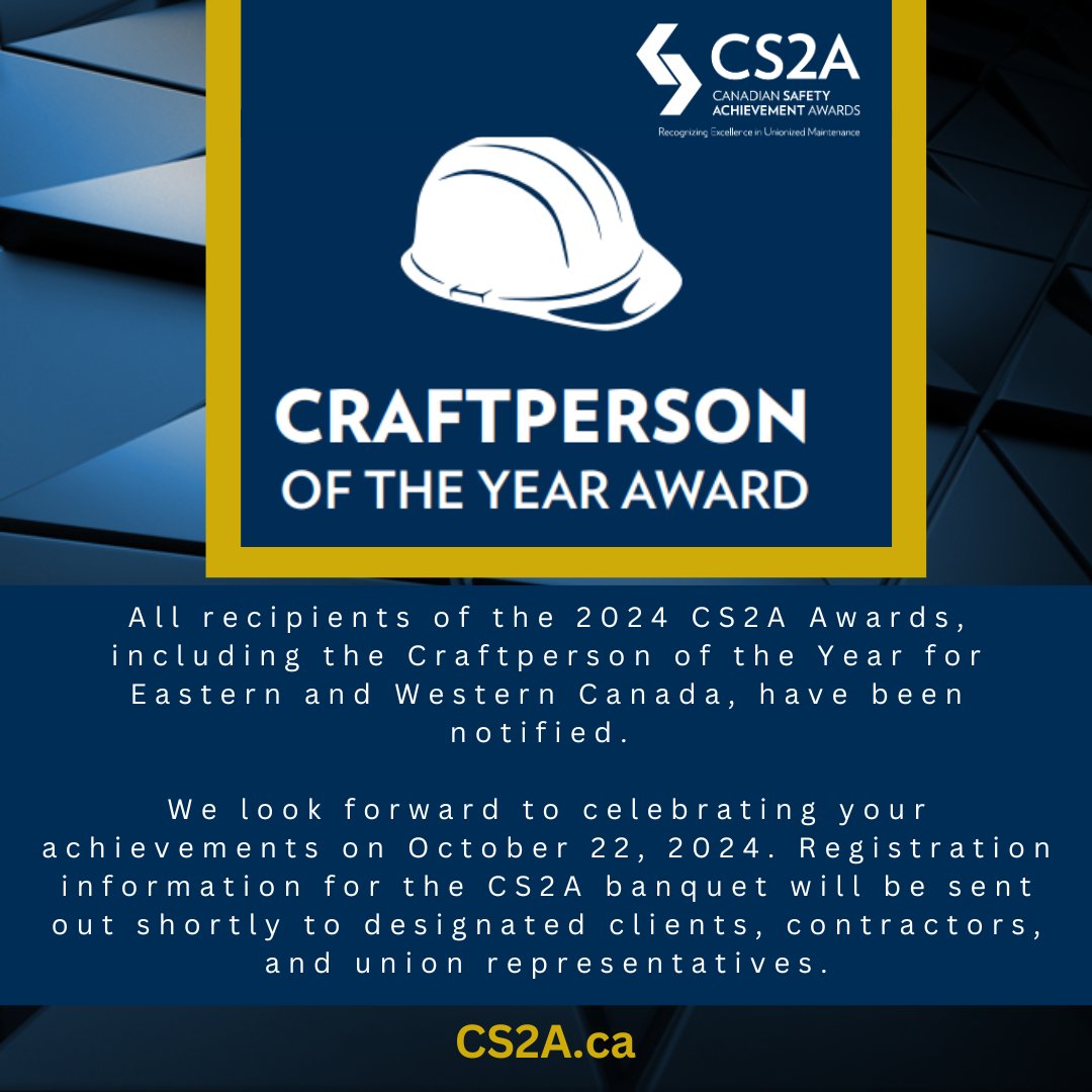gpmccanada's tweet photo. The Canadian Safety Achievement Awards (CS2A) hosted annually by the GPMC I NMC (@gpmccanada) is pleased to announce that all recipients of the 2024 #CS2A Awards, including the Craftperson of the Year for Eastern and Western Canada, have been notified. https://t.co/wwGSC77zy1 https://t.co/GNG2ZOlvj3