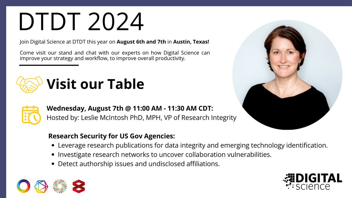 Join us for todays session with <a href="/mcintold/">Leslie McIntosh</a> at DTDT 2024! 

👉Research Security for US Gov Agencies 
🗓️ Today @ 11:00 am CDT

We're also exhibiting <a href="/DSDimensions/">Dimensions</a> <a href="/altmetric/">Altmetric</a> <a href="/figshare/">Figshare</a> &amp; <a href="/Symplectic/">Symplectic</a>! Stop by our table to learn more.
More details: ow.ly/Wlaj50SSYxG