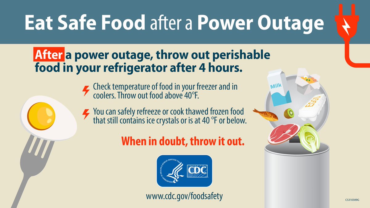 Have you lost power? When in doubt, throw it out.

Throw away perishable refrigerated food like meat, seafood, milk, &amp; eggs if the power is out for more than 4 hours. Food will stay safe in refrigerator up to 4 hours if the door stays closed.

Learn more: bit.ly/3QWz2K0