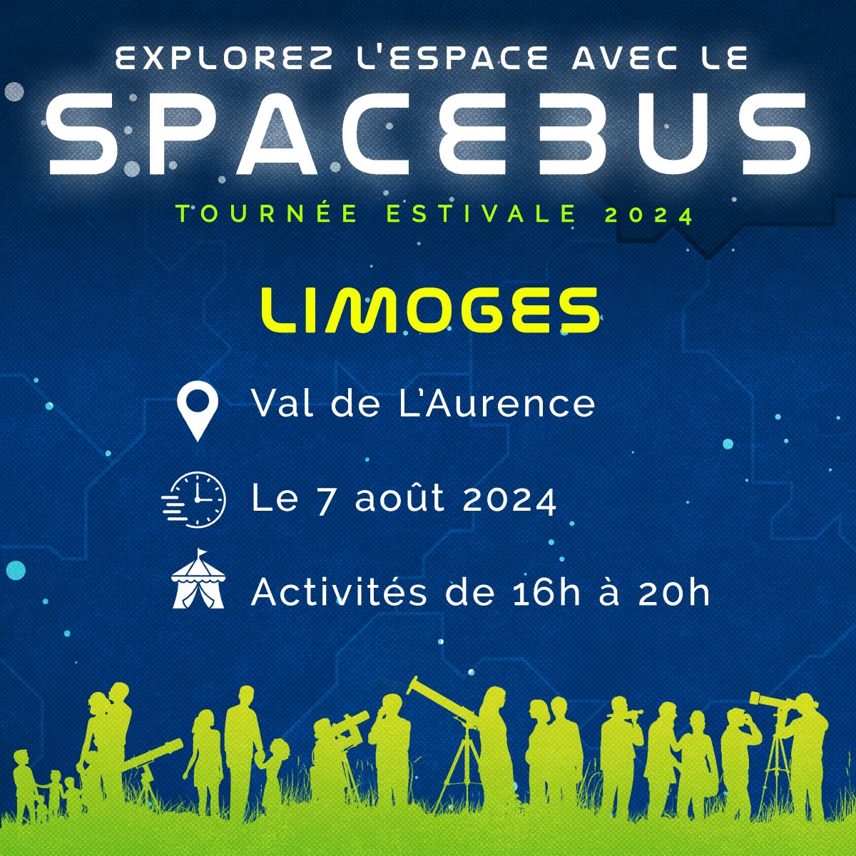 Étape 9: <a href="/VilleLimoges87/">Ville de Limoges</a> 🌙
Nos bénévoles sont au Val de l'Aurence jusqu'à 20h pour répondre à toute vos questions sur l'#espace, l'#univers et l'#astronomie 🪐⭐️
Embarquez à bord de notre escape game direction la planète Mars 🚀