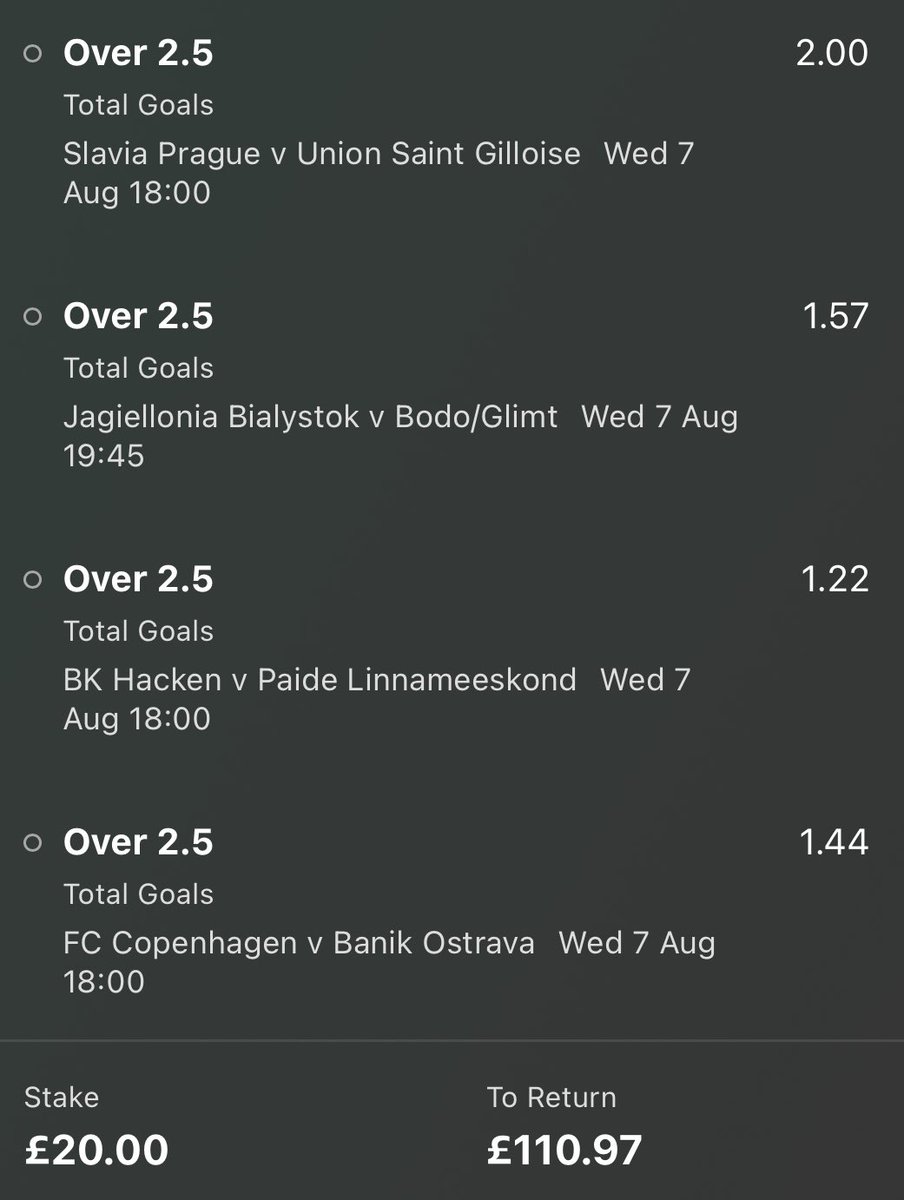 ManLikeMoX's tweet photo. UCL / Europa Qualifiers 🇪🇺

Over 2.5 Goals ⚽️⚽️⚽️
Odds 5.49 💸

Or can play mixed markets at 5.98 💸 https://t.co/U12MqvdOpJ