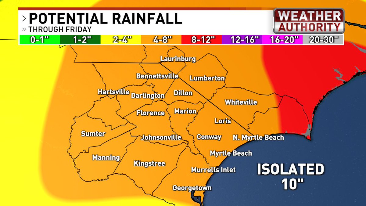 EdPiotrowski's tweet photo. 10 AM WEDNESDAY TROPICAL UPDATE

We've been very lucky. Tropical Storm Debby ingested tons of dry air over the past 24 hours, which helped to cut down on extreme rain totals so far. That said, there WILL be rounds of extremely heavy rain. Here's a breakdown of what to expect.

TIMING - The worst of the weather is this afternoon through Thursday with conditions improving Thursday night into Friday. We're back to typical summertime weather Friday through the weekend.

RAIN -  Satellite, radar and forecast models insist we'll see rounds of extremely heavy rain this afternoon through Thursday morning.  The rain will be scattered but still heavy at times for the afternoon and evening. Most areas will receive an additional 4-8" of rain with isolated spots up near 10". Extreme flooding could occur in those areas that get persistent heavy rain.  Flash flooding can lead to ditches and retention ponds overflowing, washed-out roads, and the possibility of water entering structures.  Take flash flood warnings seriously!

WIND - The center of Debby will likely come ashore south of us overnight. Expect wind gusts of 25-35 today, 30-40 tonight, and 35-45 on Thursday. With Debby a little stronger, a gust of 50-55 along the immediate coast is not out of the question. Winds will fall quickly Thursday evening and Friday.  With all the rain and loose soil, a few trees could fall, and isolated power outages would be possible.

TORNADO - The tornado threat is very low and mainly confined to the coast today and tonight.

ALONG THE COAST—A prolonged period of onshore winds will produce rough surf, dangerous rip currents, and coastal flooding. A 2-4 ft. storm surge will come in rounds today and tonight around high tide at 10:10am Wednesday, 10:15pm Wednesday, 10:55am Thursday, and 10:56pm Thursday. Minor coastal flooding is expected, but nothing like previous hurricanes.   RIVERS - Area rivers will rise into moderate to major flood stage.  Almost all rivers are expected to stay well below the levels reached in Hurricane Matthew and Hurricane Florence.

CAN YOU COME TO THE BEACH Friday and beyond? I think so, but keep in mind that there's no way to know right now how much flooding lingers and if there will be road closures & power outages. Check with SCDOT and NC DOT for road information. #scwx #ncwx