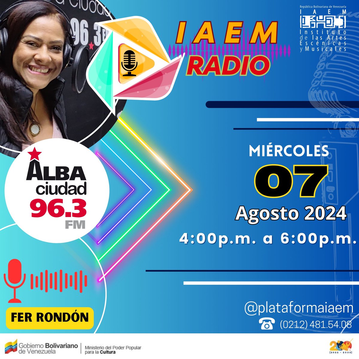 🅸🅰🅴🅼 🆁🅰🅳🅸🅾
📆¡¡𝗘𝘀𝘁𝗲 𝗺𝗶é𝗿𝗰𝗼𝗹𝗲𝘀 07 𝗱𝗲 Agosto del 2024 ! 𝗱𝗶𝘀𝗳𝗿𝘂𝘁𝗮 𝗱𝗲 otro 𝗽𝗿𝗼𝗴𝗿ama Radial transmitido por @albaciudadfm

🎧Desde las 4:00 p.m. conéctate por el dial 96.3 FM albaciudad.org o llamando al NRO. de cabina 0212 4815408.