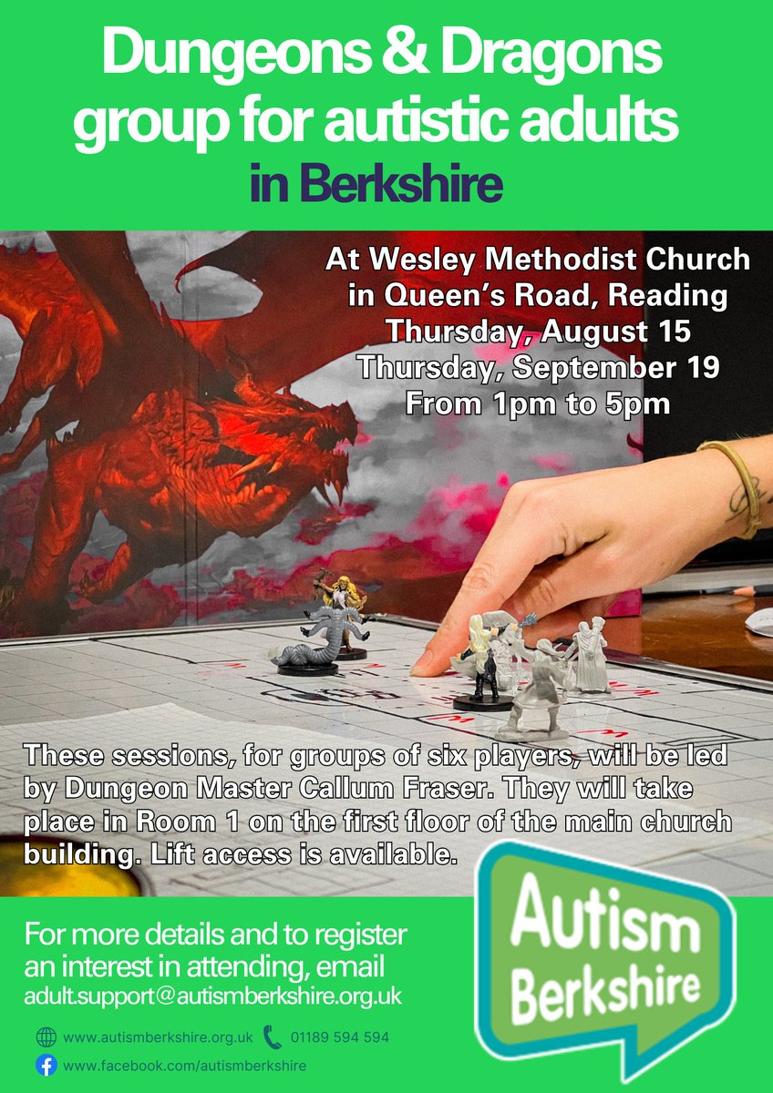 We are running some free Dungeons &amp; Dragons game sessions for #autistic adults living in #Berkshire. They will take place in #Reading, at the Wesley Methodist Church, 1pm-5pm on Thursdays Aug 15 and Sept 19. To request places, email us at adult.support@autismberkshire.org.uk
