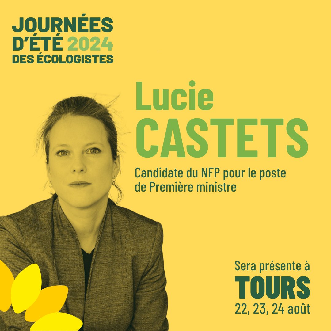 Nous aurons le plaisir d’accueillir <a href="/LucieCastets/">Lucie Castets à Matignon</a>, candidate du Nouveau Front Populaire pour le poste de Première ministre, aux #JDE2024 ! 

Prenez vos places ! 👉  journees-ecologistes.fr