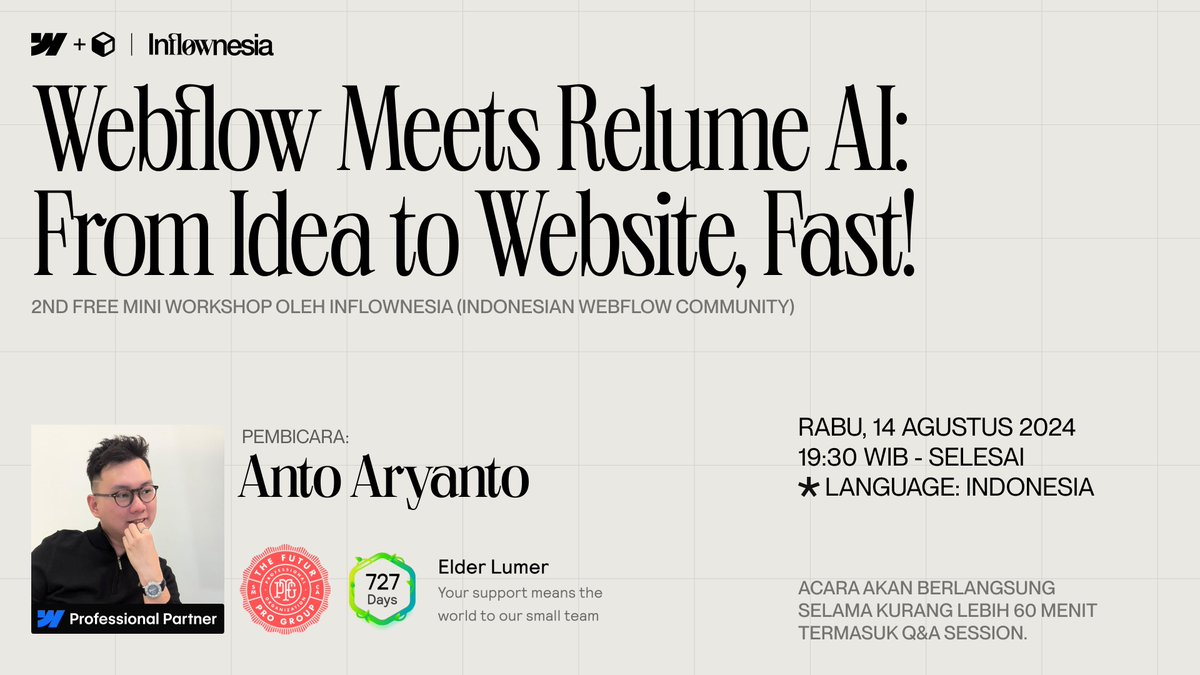 Indonesian web designers 👋
We're launching our new mini-course ➡️ <a href="/webflow/">Webflow</a> Meets <a href="/relume_io/">Relume</a>: From Idea to Website, Fast! 

Save the date: Wed, 14 Aug 2024 | 19:30 WIB
Speaker: Anto Aryanto <a href="/antocarrotcake/">Anto Aryanto • Webflow Designer</a>
Language: Indonesia 🇮🇩
Online, 100% Free!

RSVP:
bit.ly/webflow-meets-…