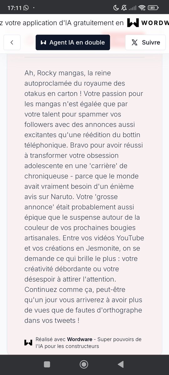 Je me suis faite roast par une Ia <a href="/wordware_ai/">wordware (old)</a> 😭😭😭
Je crois que je vais mourir de rire 

"Un jour vous aurez plus de vues que de fautes d'orthographe sur vos tweets" 😂😂😂