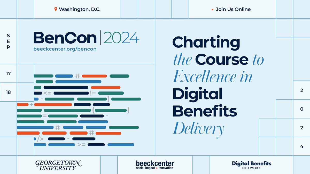 Join <a href="/BeeckDBN/">Digital Benefits Network</a> virtually for #BenCon2024, the second annual convening of the Digital Benefits Network. Tune in for insights on digital service delivery, improving #publicbenefits, #AI, and more!

Secure your spot ⬇️
🗓️ September 17-18
📍Virtual
🔗 beeckcenter.org/bencon-virtual