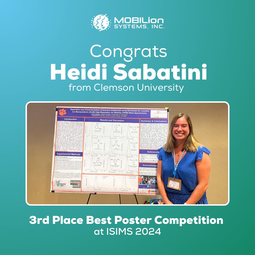 MOBILion Systems (@mobilionsystems) on Twitter photo Congratulations to Heidi Sabatini from <a href="/ClemsonUniv/">Clemson University</a> for securing 3rd place in the Best Poster competition at the <a href="/ISIMSSociety/">ISIMS-Society</a> 2024 Conference!
Her poster showcased innovative research on separations for isomeric explosives using MOBIE.
hubs.ly/Q02KqFVK0
#MassSpec Congratulations to Heidi Sabatini from <a href="/ClemsonUniv/">Clemson University</a> for securing 3rd place in the Best Poster competition at the <a href="/ISIMSSociety/">ISIMS-Society</a> 2024 Conference!
Her poster showcased innovative research on separations for isomeric explosives using MOBIE.
hubs.ly/Q02KqFVK0
#MassSpec
