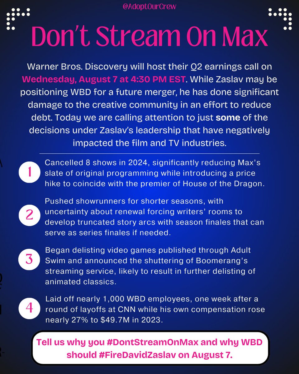 correspondent55's tweet photo. Under #Zaslav HBOMax has gone to hell. It's more white, more straight, & WBD puts the creative community out of work (at @CNN also) to increase leadership's bonuses. Let's boycott #DCFilms too, for killing the COMPLETED #Batgirl movie. WBD earnings call today. #DontStreamOnMax https://t.co/Tlp3WjzJfR