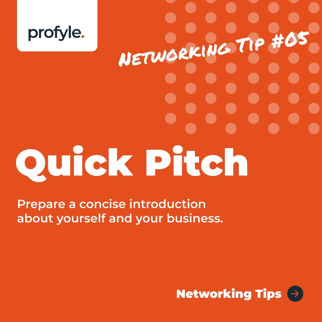profylecard's tweet image. Networking Tip #05: Quick Pitch - Prepare a concise introduction about yourself and your business. #networking #tips #digitalbusinesscards