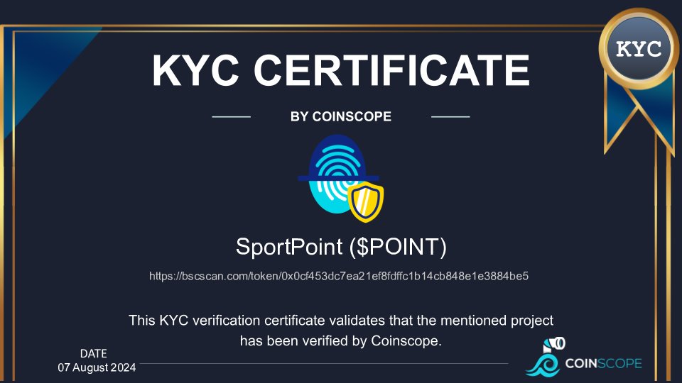 We just finished the KYC for
 <a href="/SportPoint_app/">SportPoint</a>

Check the certification.
coinscope.co/coin/point/kyc

Want to get KYC for your project?
cyberscope.io

#Crypto #Blockchain #Kyc