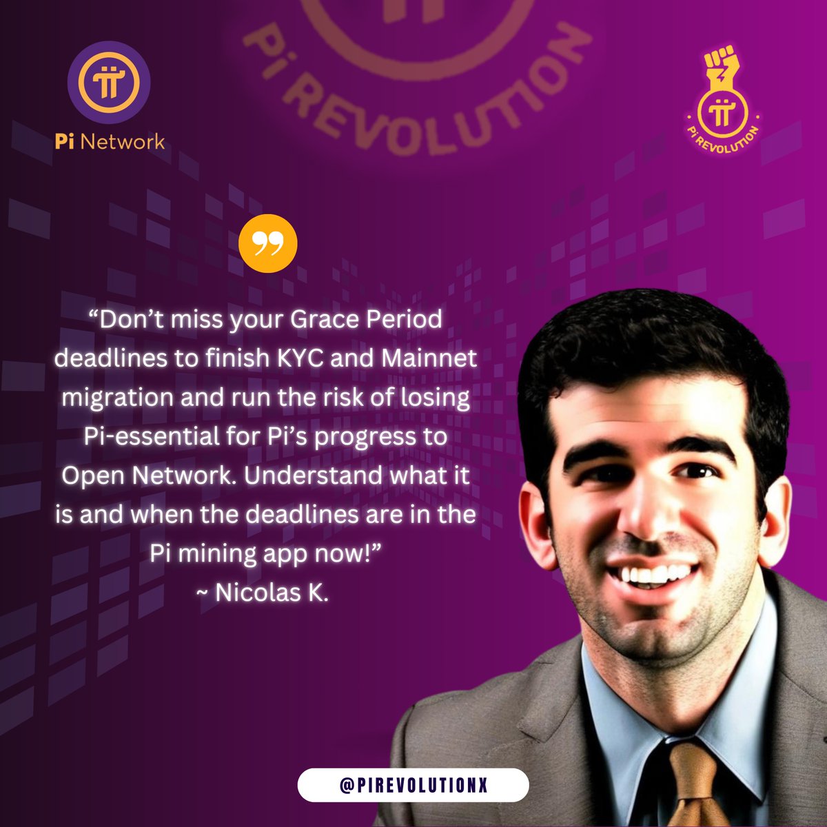 Check out Nicolas' important message for all Pioneers! 📢 It's crucial to meet your Grace Period deadlines for KYC and Mainnet migration. Missing out could affect your Pi. Learn more about these deadlines in the Pi mining app now!  #PiNetwork