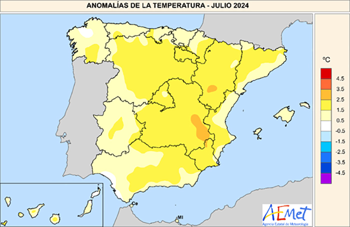 AEMET_Esp's tweet photo. Julio de 2024 fue un mes muy cálido. 
La temperatura media en el conjunto de la España peninsular fue de 24.4 ºC, es decir, 1.3 ºC por encima del período de referencia 1991-2020.
Fue el sexto julio más cálido de la serie histórica y quinto del siglo XXI. https://t.co/8zMizWCTtk