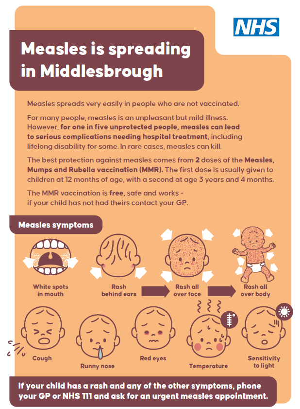 MbroCouncil's tweet photo. Measles is spreading in Middlesbrough and can lead to serious complications.

The best protection comes from 2 doses of the MMR vaccine. The doses are given to children at 12 months and 3 years old.

Watch this short video to find out more ⬇
https://t.co/lUylGO0FMi https://t.co/ko30Jcwy0c