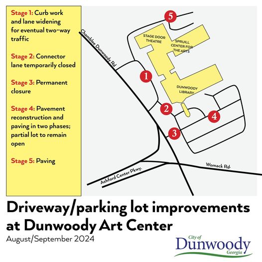 TerryNall's tweet image. Heads up #Dunwoody if you visit Dunwoody Library, Spruill Center, and/or Stage Door Theatre.  Driveway and parking lot work begins later this week and expected to continue for 8 weeks.  Part of the end result is permanent closure of driveway closest to Womack Rd (Stage 3).  See…