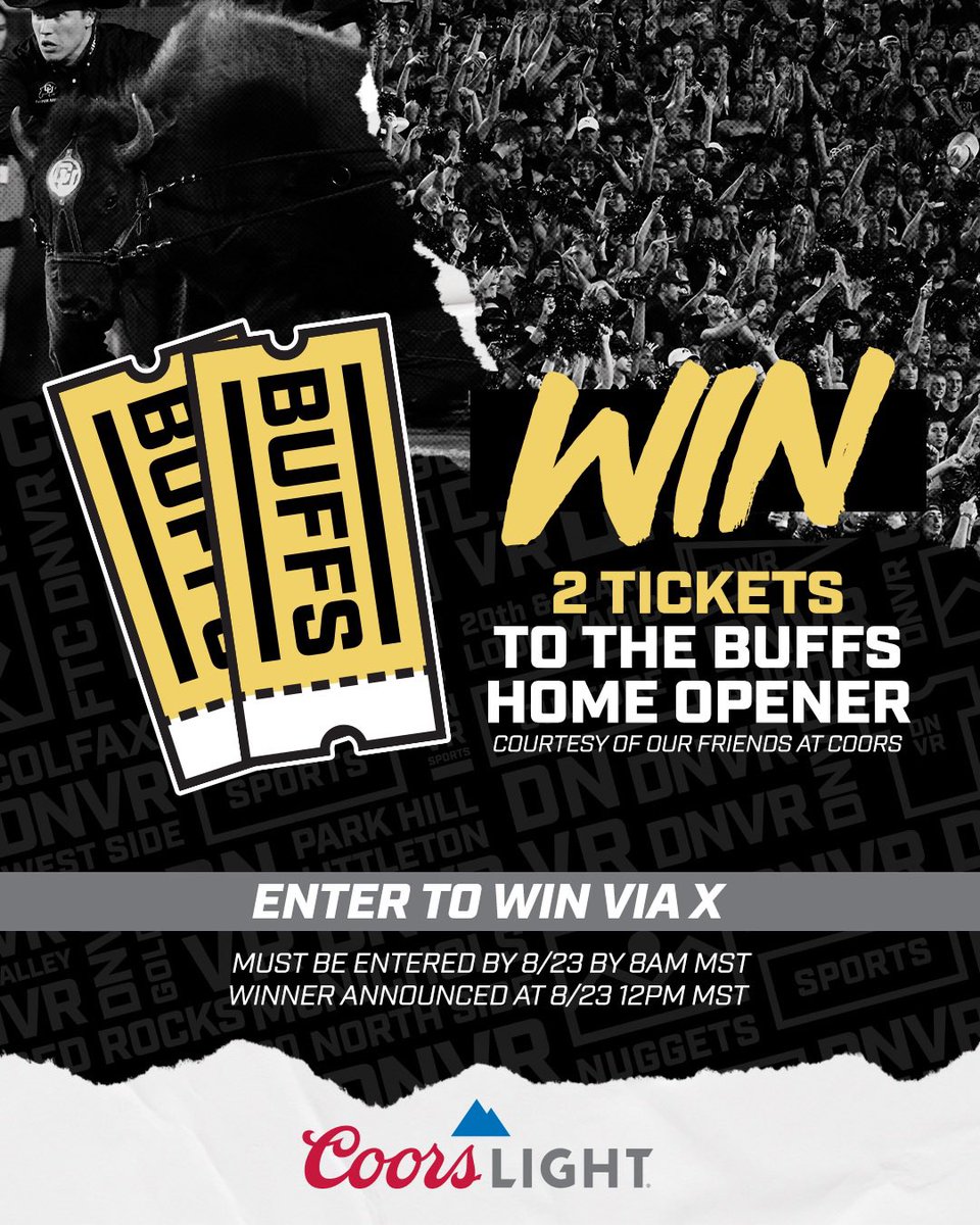 DNVR_Buffs's tweet image. ‼️ TICKET GIVEAWAY ‼️

Coors Light is giving away 2 Tickets to the Buffs home opener on 8/29! 

Here’s how to enter:
1)     RT this post
2)     Follow @CoorsLight 
3)     Follow @DNVR_Buffs 
4)    Comment your favorite Buff