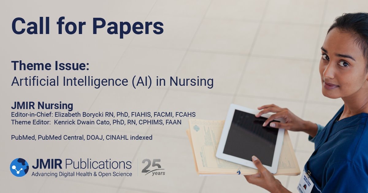 JMIR Publications (@jmirpub) on Twitter photo #CallForPapers 📣 📝 JMIR Nursing welcomes submissions to a special theme issue examining Artificial Intelligence (AI) in #Nursing
ℹ️ Find out more & submission requirements at: hubs.la/Q02KqyNp0
#MedTwitter <a href="/EBorycki/">Elizabeth Borycki RN PhD FACMI, FCAHS, FIAHSI</a> <a href="/kenrickcato/">Kenrick D Cato PhD, RN, CPHIMS, FAAN, FACMI 🇬🇾</a> #CallForPapers 📣 📝 JMIR Nursing welcomes submissions to a special theme issue examining Artificial Intelligence (AI) in #Nursing
ℹ️ Find out more & submission requirements at: hubs.la/Q02KqyNp0
#MedTwitter <a href="/EBorycki/">Elizabeth Borycki RN PhD FACMI, FCAHS, FIAHSI</a> <a href="/kenrickcato/">Kenrick D Cato PhD, RN, CPHIMS, FAAN, FACMI 🇬🇾</a>
