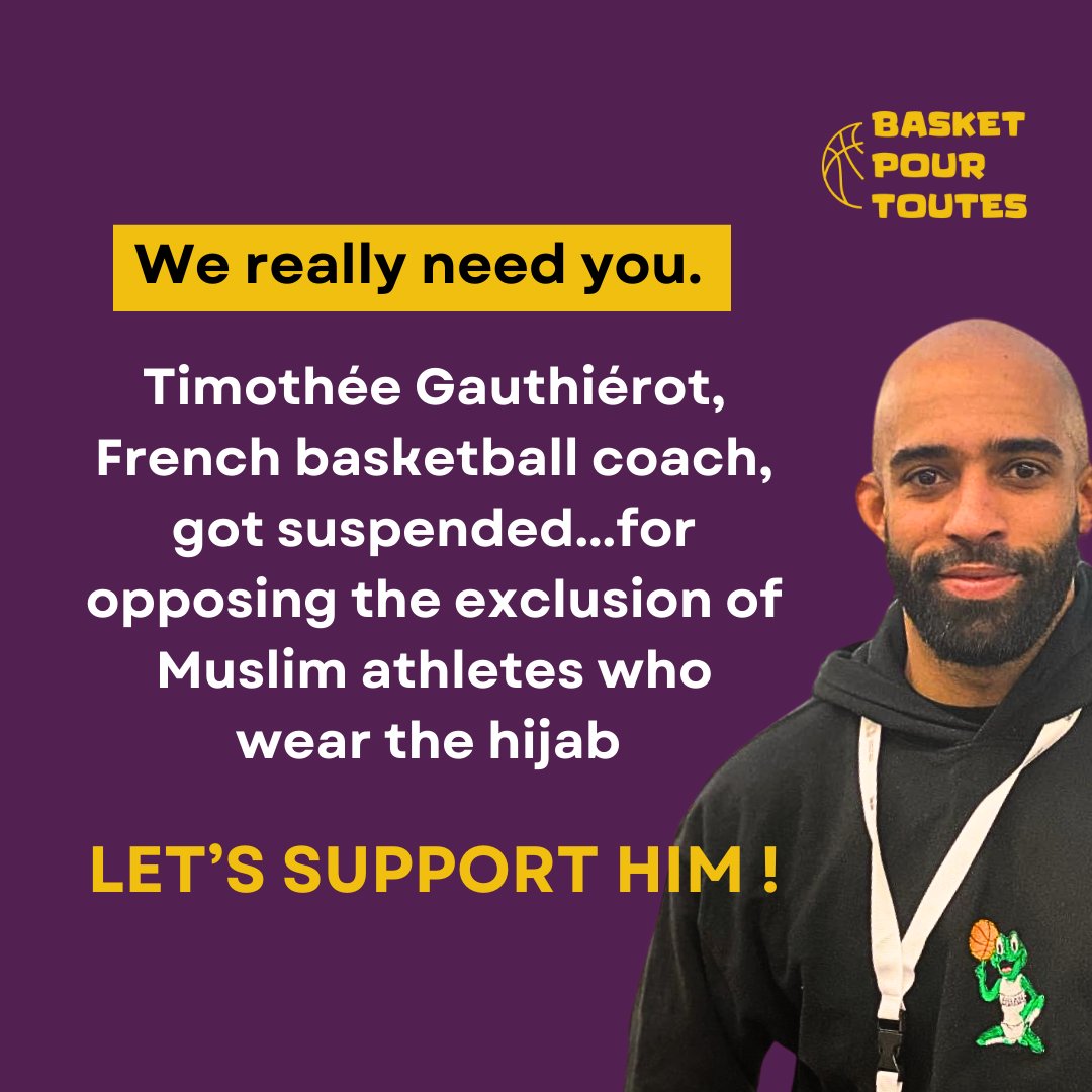 🚨 .<a href="/BballpourToutes/">Basket Pour Toutes</a> cofounder Timothée Gauthiérot has been suspended by the FFBB for opposing its discriminatory hijab ban. 

📢We call on sport authorities to protect human rights defenders &amp; freedom of speech. 

Join us in supporting Timothée✊

🔗sportandrightsalliance.org/hijab-bans-in-…