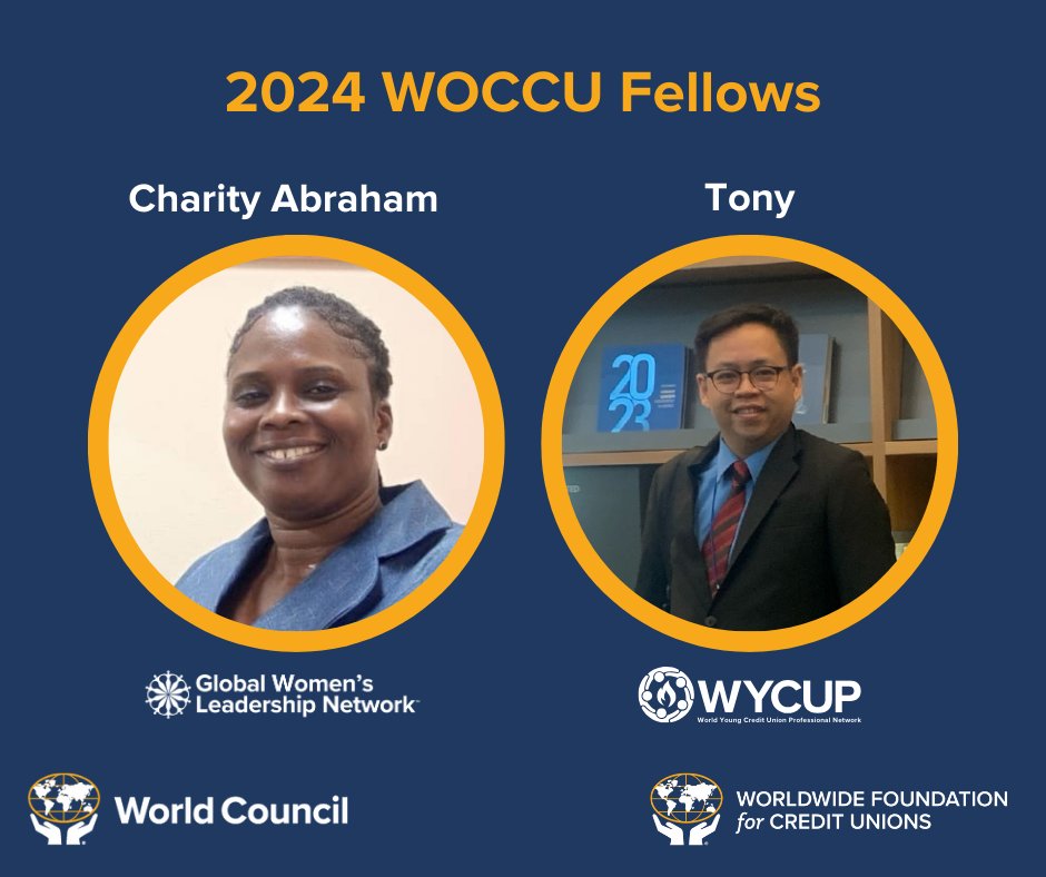 CUwomen's tweet photo. We are excited to announce Charity Abraham (GWLN) and Tony (WCYUP) as 2024 WOCCU Fellows! 
Charity and Tony will observe the WOCCU Board over the next year and receive mentorship from WOCCU and WFCU teams. 
Read more about the WOCCU Fellowship: https://t.co/wwktVUiOQz https://t.co/38SCgPp5ww