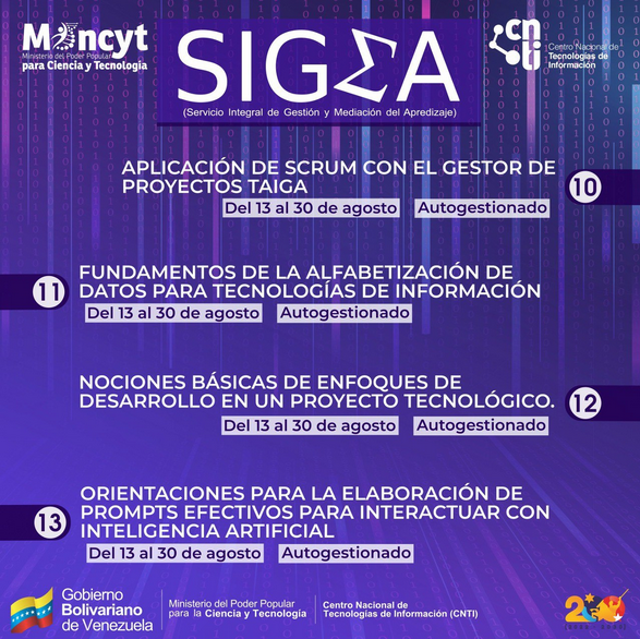 #7Ago
¡Descubre los nuevos cursos gratuitos que el <a href="/CNTI_VE/">CNTI</a>  tiene para ti!
Tienes hasta el Domingo #11Ago
 ¡Inscríbete ya! 👉sigmaformulario.cnti.gob.ve
#VenezuelaHaceJusticia #CienciaParaLaVida #Infocentro
<a href="/Gabrielasjr/">Gabriela Jiménez</a> <a href="/LaRosaInfoVE/">LaRosaInfoVE</a> <a href="/brigadasCHCH/">Brigadas comunicacionales Hugo Chávez</a> <a href="/enunclicvlc/">caraboboenunclic</a> <a href="/InfocentroOce/">Infocentro_Vzla3</a>