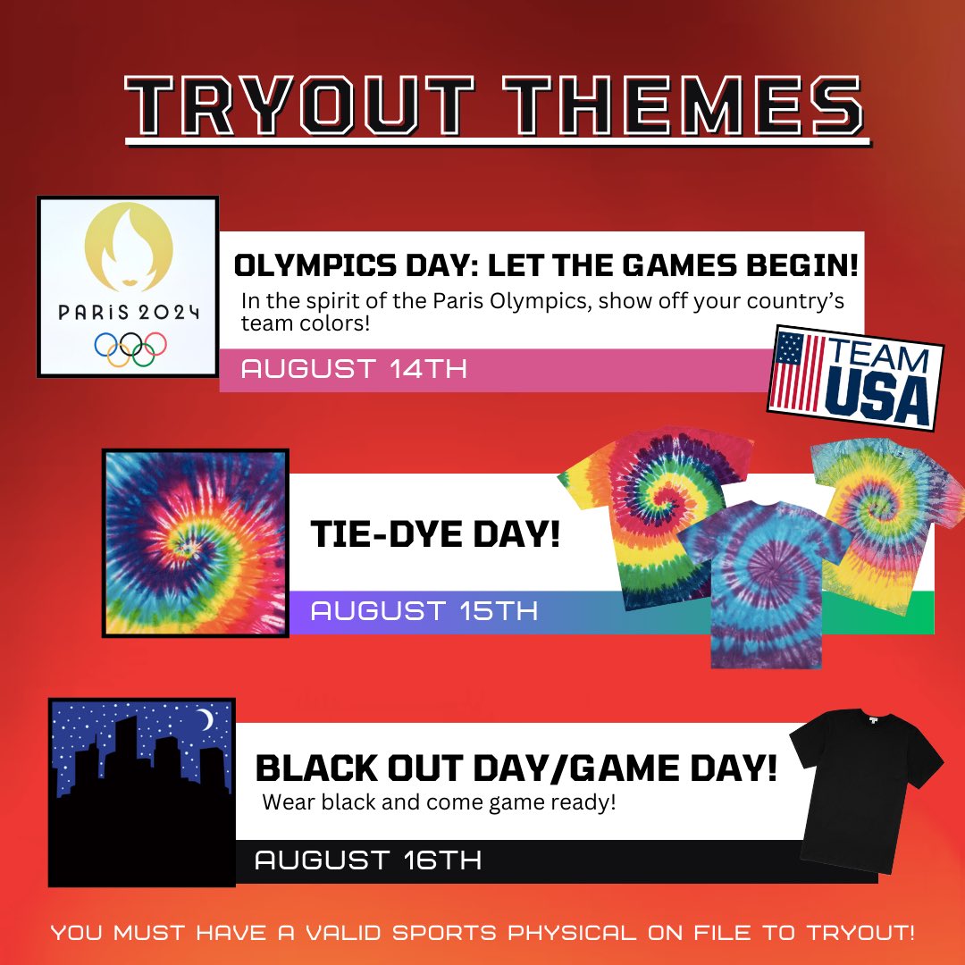 Bring your glimmering spirit to tryouts next week!😎

Reach into that wardrobe for your country’s apparel, tie-dye and black gear!

- Tryouts are Aug. 14, Aug. 15, and Aug. 16
- All tryouts days are mandatory
- Daily practices begin Aug. 19
- Must have a completed sports physical