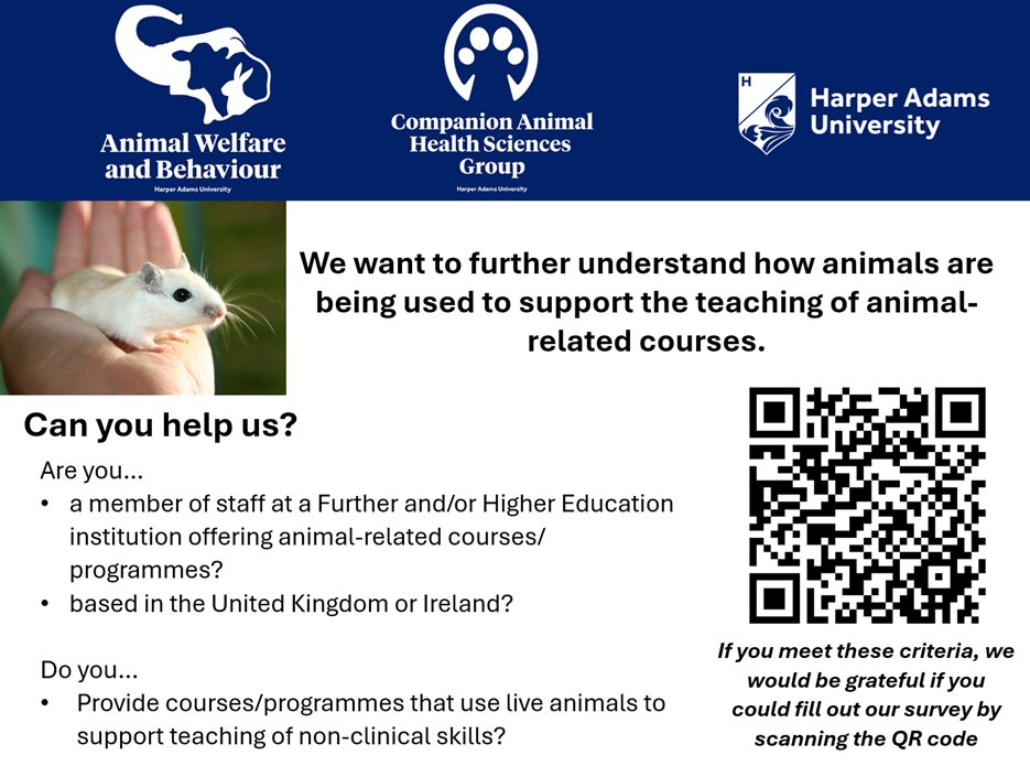 Dr Holly Vickery (@skylarkholly) on Twitter photo We're researching how animals are used to support teaching activities in further & higher education provisions across the UK & Ireland
If you meet these criteria - we need you!
Please fill in our survey if you can, or share widely if you can't! Thank you app.onlinesurveys.jisc.ac.uk/s/harper-adams⦠We're researching how animals are used to support teaching activities in further & higher education provisions across the UK & Ireland
If you meet these criteria - we need you!
Please fill in our survey if you can, or share widely if you can't! Thank you app.onlinesurveys.jisc.ac.uk/s/harper-adamsā¦