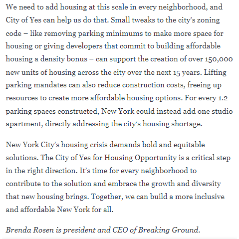 "It’s time for every neighborhood to contribute to the solution and embrace the growth &amp; diversity that new housing brings."

Read Brenda Rosen of <a href="/BrGround/">Breaking Ground</a> on #CityOfYes for Housing Opportunity, and why we need a citywide plan to tackle our housing crisis in an equitable way!