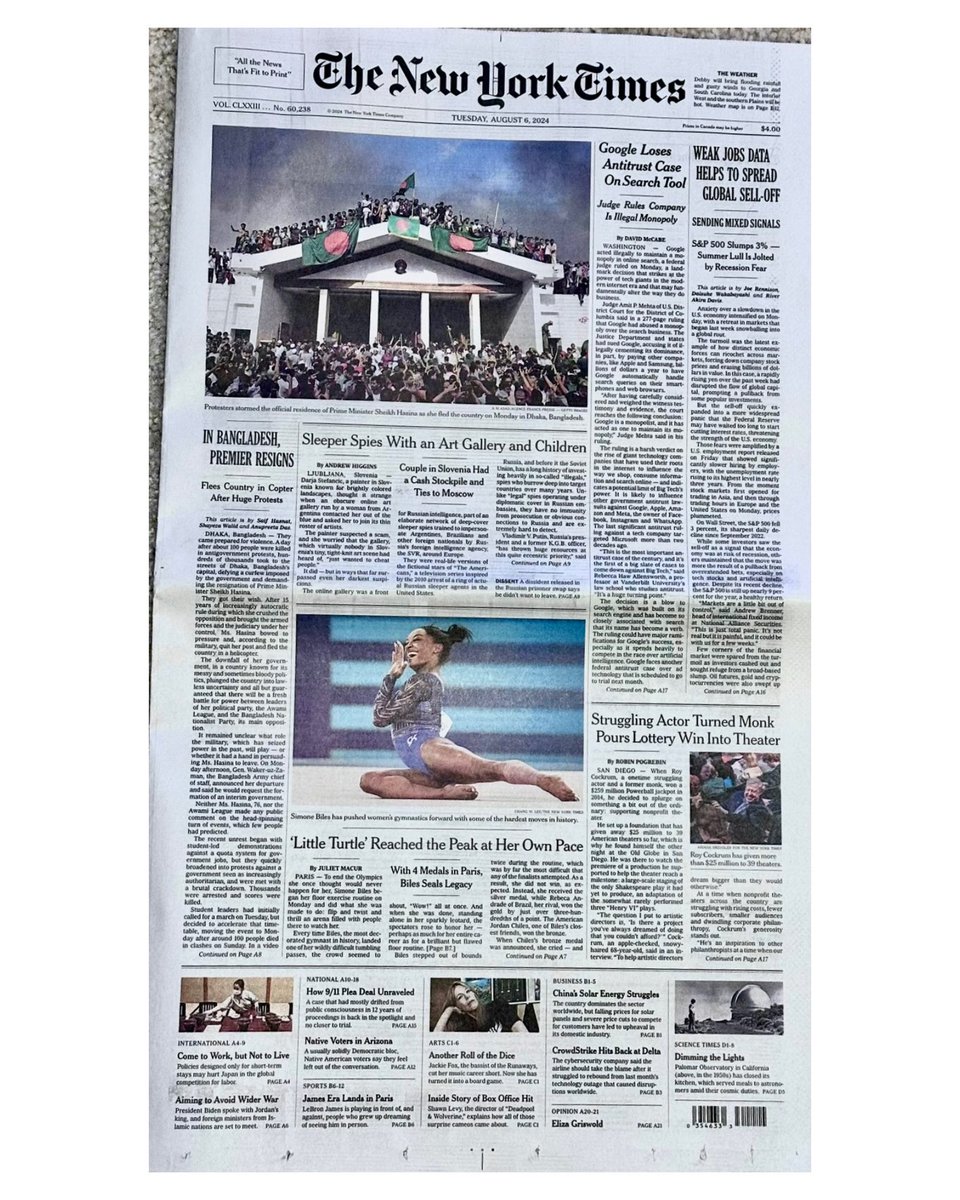 kmasad04's tweet photo. Today’s front page of @nytimes (print edition) features one of my photograph taken on 5 August 2024. 

#dhaka #bangladesh #student #photographer #journalist #news #newsupdate #qutamovement #quotareformprotest https://t.co/HnIylTps6B