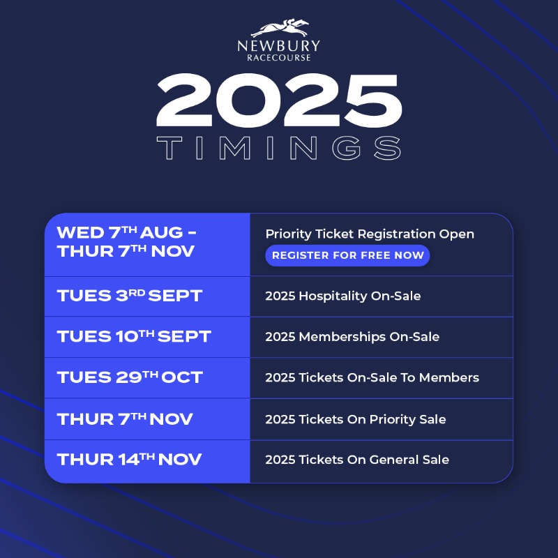NewburyRacing's tweet photo. 📅 2025 FIXTURES 📅

2025's racedays have been confirmed 🙌

Newbury is to host 31 fixtures with 11 Premier Racedays 🏇

Register for priority access to Super Early Bird tickets to guarantee the best deal 🎫

2025 Memberships &amp; hospitality packages available soon 👌

Full info 👇